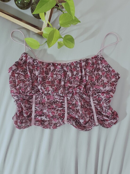 Garage Tops - GARAGE Floral Ruffled Smock Pleated Rose Cami Crop Top